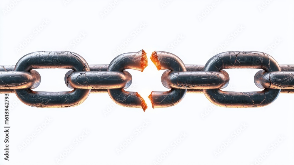 Obraz premium A close-up of a broken chain link with a visible crack representing failure or separation in metalwork.