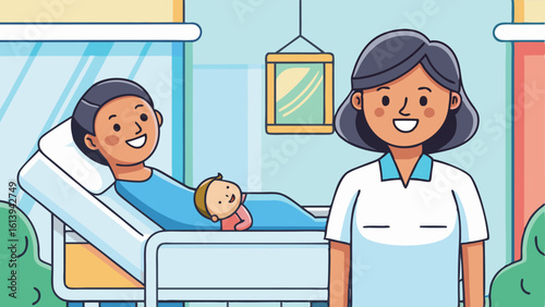 New mother and nurse in hospital room