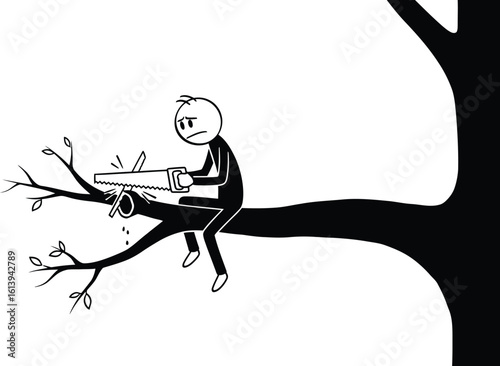 Stick figure sawing branch off tree concept of self destruction and bad decision making vector
