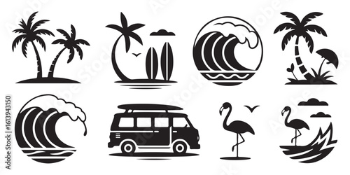 Black and White Tropical Beach Icons Set Palm Trees Ocean Waves Surfboards Camper Van Flamingos Summer Vacation Design Elements