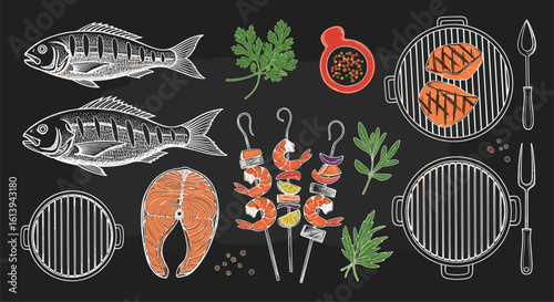 Delicious grilled seafood and fish feast preparation for outdoor summer dining enjoyment