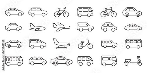 Collection of Black Line Art Vehicle Icons Cars Buses Bikes Airplane Scooter Transportation Symbols