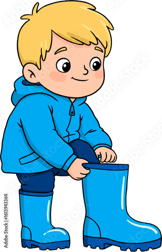 A little boy getting ready to wear his rain boots.