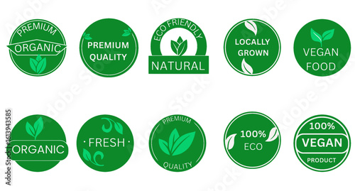 Healthy vegan food label. Eco friendly tag Natural, organic, bio product icon set. . Farm fresh, locally grown badges. Gmo free. Beauty product. Sustainable life. Premium quality. Vector illustration.