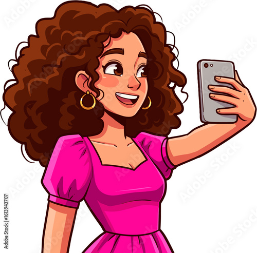 A young woman, with curly hair, takes a selfie.