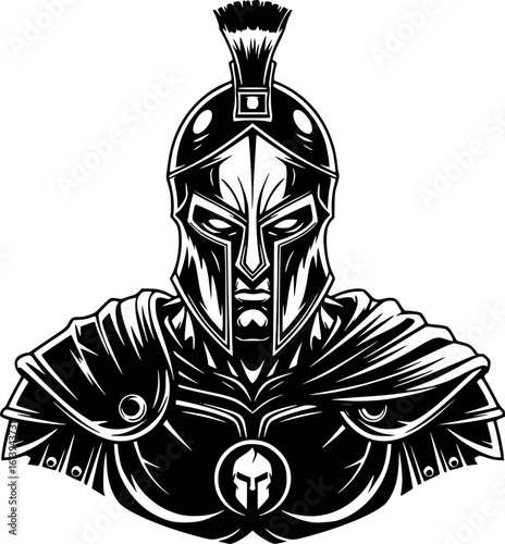 Spartan warrior soldier portrait helmet and armor emblem logo black silhouette vector
