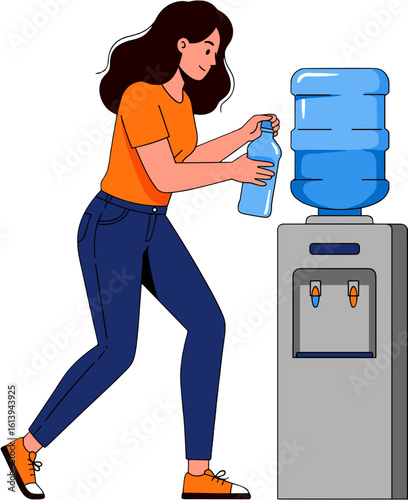 A woman refills a water bottle near the cooler.