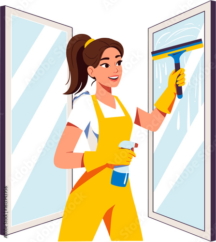 A young woman cleaning a window.