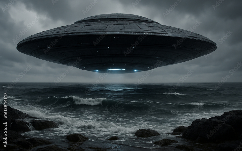 Unidentified Aerial Phenomenon Over Tempestuous Seas: A Dark, Mysterious Disc Hovers Menacingly Above Choppy Waters and Rocky Shores, Evoking Intrigue and the Unknown in a Dramatic, Overcast Sky. Unidentified Aerial Phenomenon Over Tempestuous Seas: A Dark, Mysterious Disc Hovers Menacingly Above Choppy Waters and Rocky Shores, Evoking Intrigue and the Unknown in a Dramatic, Overcast Sky.