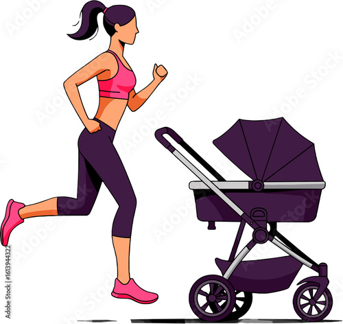A mother running with a baby stroller.