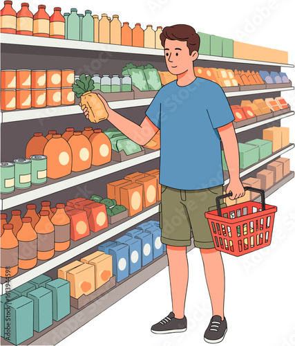 A man browsing the shelves, selecting grocery products at the supermarket.