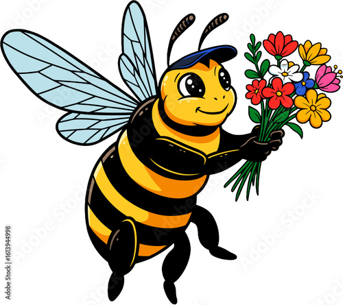 A happy bee holding colorful flowers.