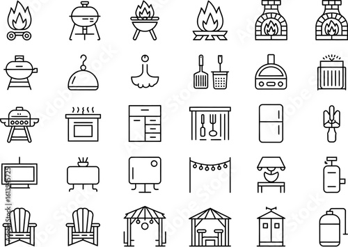 Outdoor living and grilling essentials icons collection