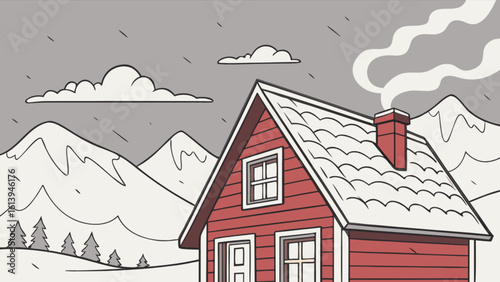 Winter cabin in snowy mountains landscape illustration with smoke chimney and red house drawing concept 100