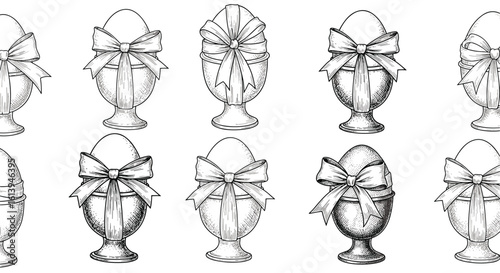 Vintage egg cups decorated with elaborate ribbons a charming collection of antique tableware perfect for easter celebrations and special occasions