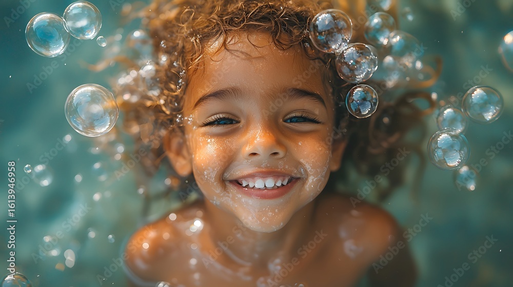 Joyful child surrounded by vibrant bubbles exuding pure happiness Joyful child surrounded by vibrant bubbles exuding pure happiness