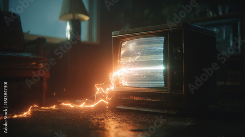 Vintage TV sparking with glowing electric wire in dark moody room