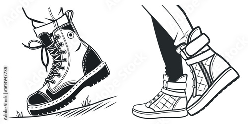 Close up of two pairs of stylish sneakers and boots isolated on white background