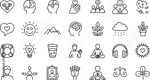 Mental health and wellness icons for therapy and self-care