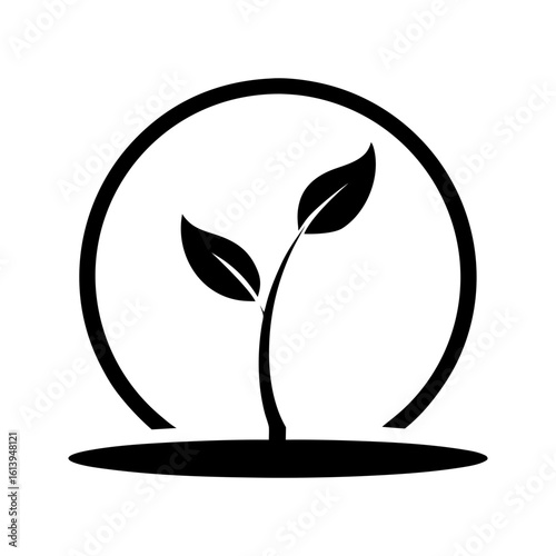 Minimalist leaf sprouting from circular base shown in clean eco friendly vector design