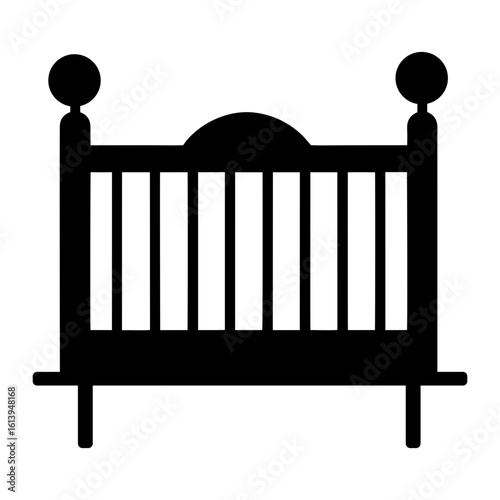 Flat baby crib icon with safety railings shown in clean minimalist silhouette vector style