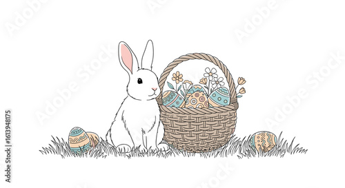 Adorable white bunny with decorated easter basket and flowers in grassy field celebrating springtime