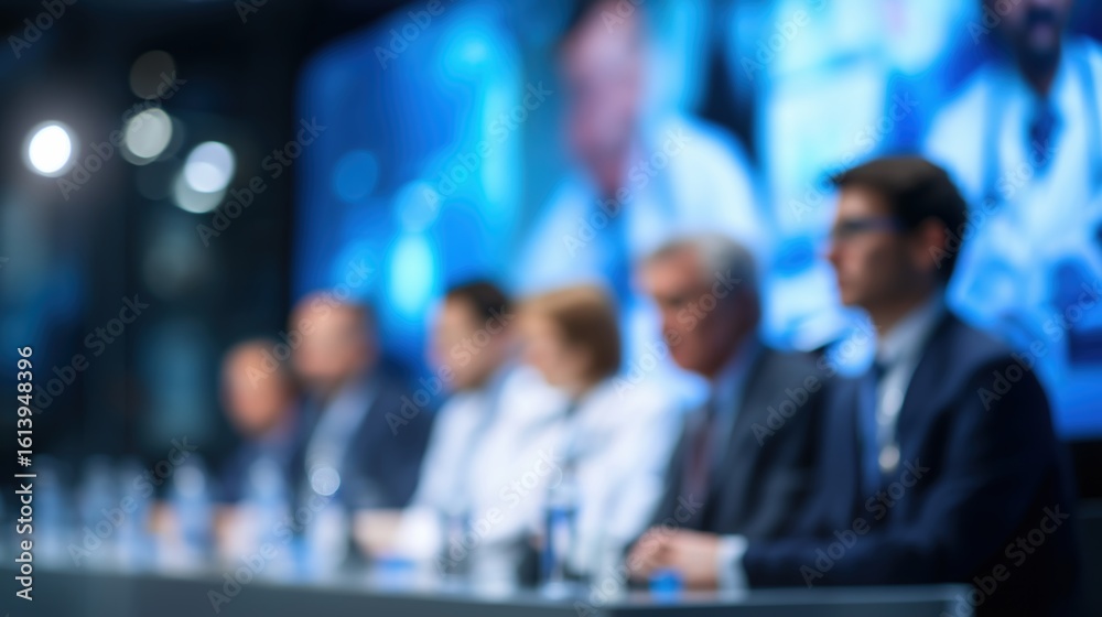 Fototapeta premium Blurry Conference Scene with Panel Discussion