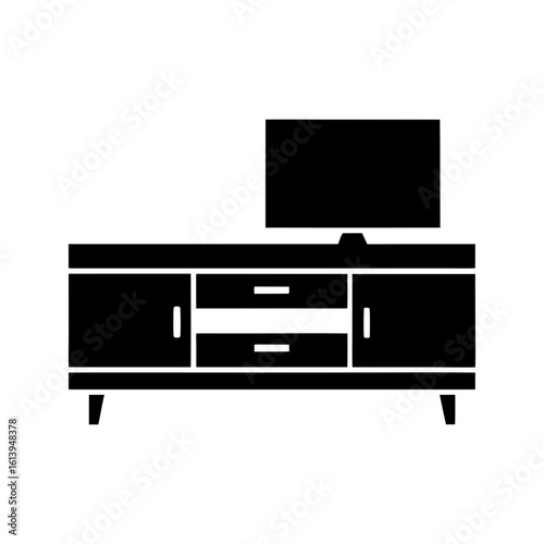 Flat TV unit with shelf storage shown in clean modern silhouette vector for living room use