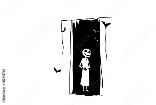 Vetor porta com personagem assustador e morcegos.
