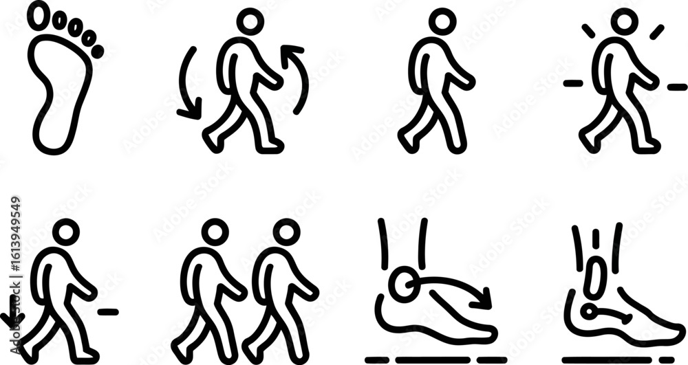 Naklejka premium Icon set illustrating walking, steps, and foot motion