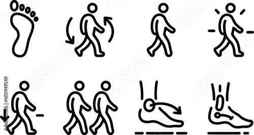 Icon set illustrating walking, steps, and foot motion