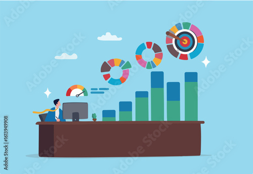 Business metrics success measurement, growth progress diagram research, planning development diagram chart, performance analysis, businessman work with computer with business measuring metrics.