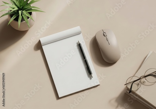 Beige workspace flatlay with wireless mouse