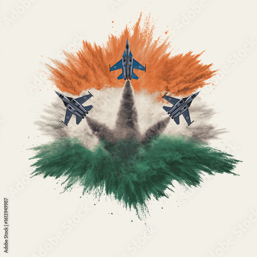  Independence Day poster with Indian flag, fighter jets, torch smoke, print and social media marketing.
