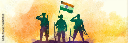  Watercolor poster of Kargil War heroes saluting, holding perfect Indian flags, celebrating national pride.