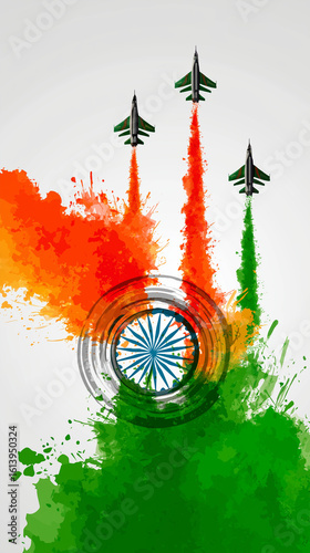  Independence Day poster with Indian flag, fighter jets, torch smoke, print and social media marketing.