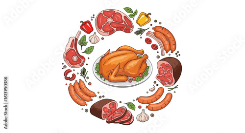 A delicious circular arrangement of various fresh meats and poultry vegetables and spices for culinary use