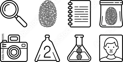 Crime scene investigation tools and evidence icons for justice