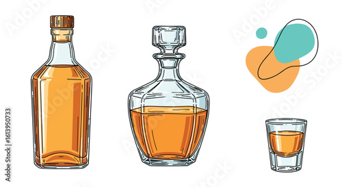 Elegant amber spirit bottles and shot glass with abstract decorative elements