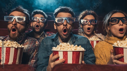 A group of friends sitting in a theater wearing 3D glasses surprised holding popcorn