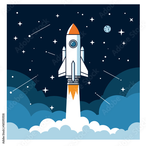 Rocket launching into sky in bold flat vector style, science theme, notebook cover