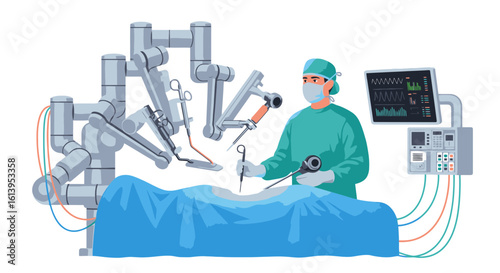 Surgical robot assisting surgeon in modern operating room for precise medical procedure