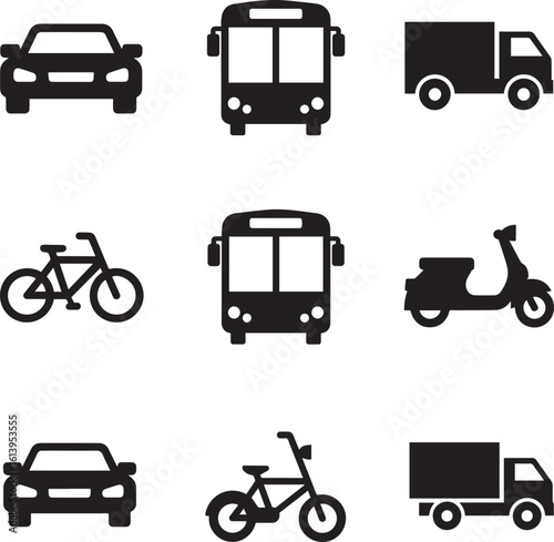 Set of nine black silhouette icons for transportation including car bus truck bicycle and scooter