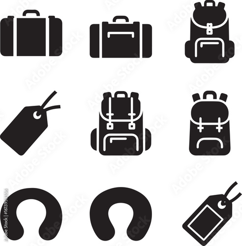 Set of black solid glyph icons for travel featuring suitcases backpacks neck pillows and luggage tags