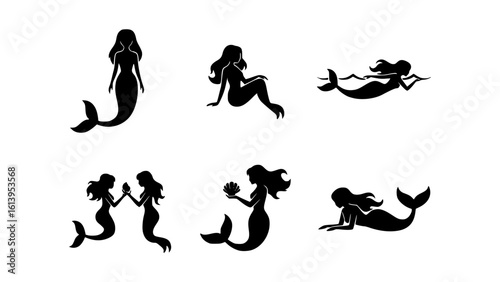 Six silhouettes of mermaids in various poses, evoking a sense of mystery and enchantment