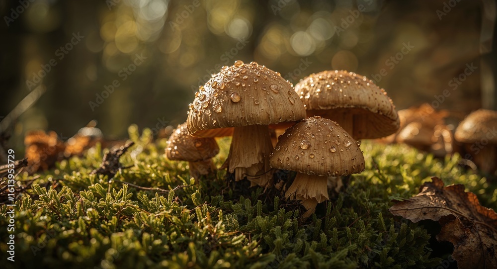 Fototapeta premium A cluster of mushrooms with water droplets on their caps growing on a bed of moss in a forest setting