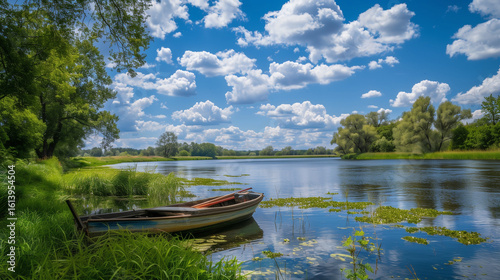 Spring summer landscape blue sky clouds river boat green trees. Spring summer landscape blue sky clouds Narew river boat green trees countryside grass Poland water leaves