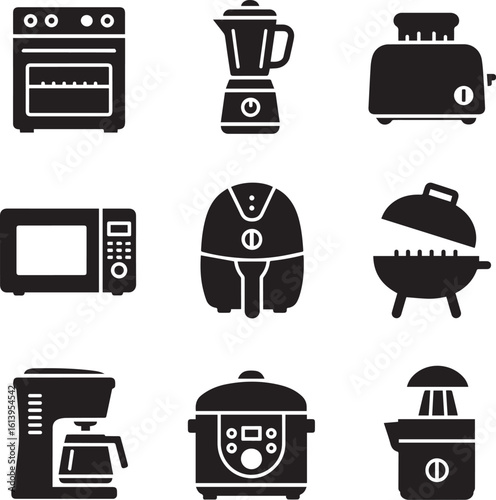 Minimalist black glyph icon set of various kitchen appliances including oven microwave and air fryer