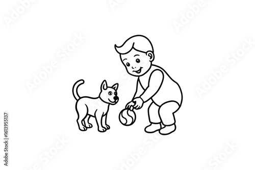 Toddler and Dog Playing with a Ball Together in a Simple Line Art Silhouette toddler dog