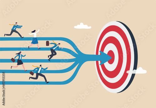 Team target or goal achievement, company or corporate objective and purpose to success in work, strategy or same direction to win together concept, business people employee running to reach target.